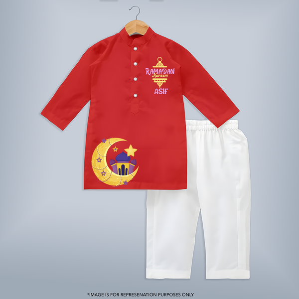 Ramadan Kareem Crescent Moon Personalised Kids Kurta - RED - 3 - 6 Months Old (Chest 24", Kurta Length 14'', Waist 19", Pant Length 14")