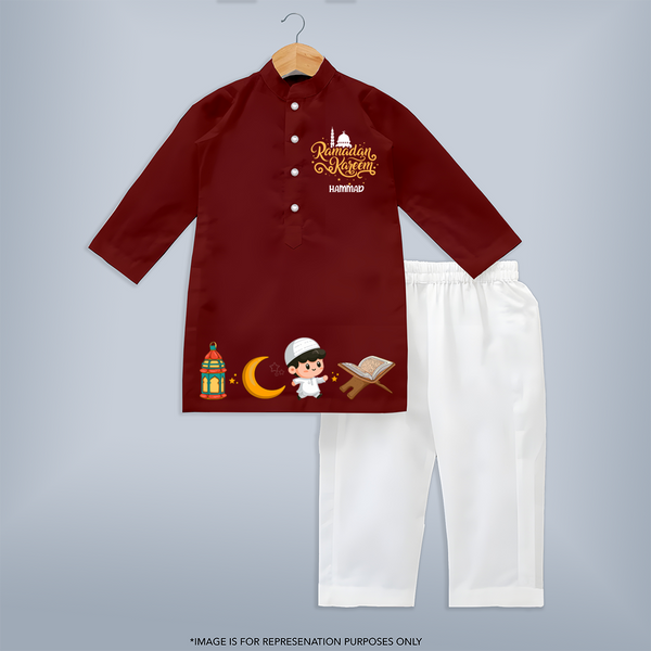 Ramadan Kareem Prayer Theme Personalised Kids Kurta - MAROON - 3 - 6 Months Old (Chest 24", Kurta Length 14'', Waist 19", Pant Length 14")