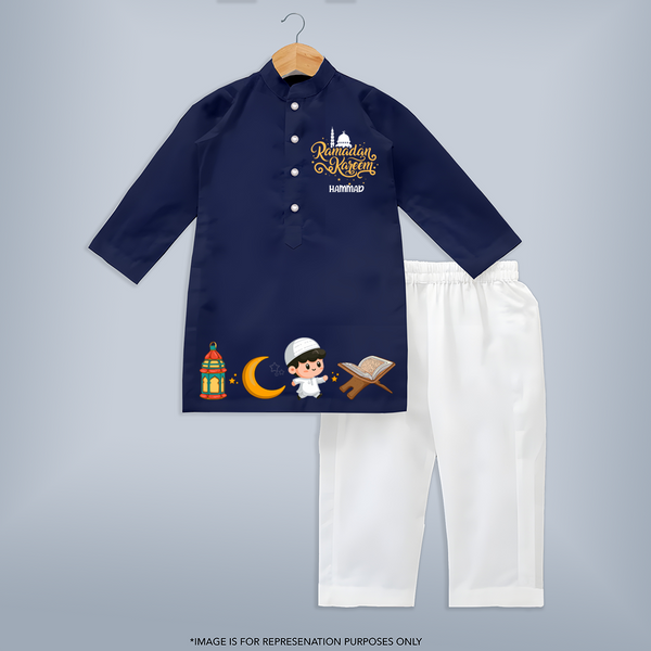 Ramadan Kareem Prayer Theme Personalised Kids Kurta - NAVY BLUE - 3 - 6 Months Old (Chest 24", Kurta Length 14'', Waist 19", Pant Length 14")