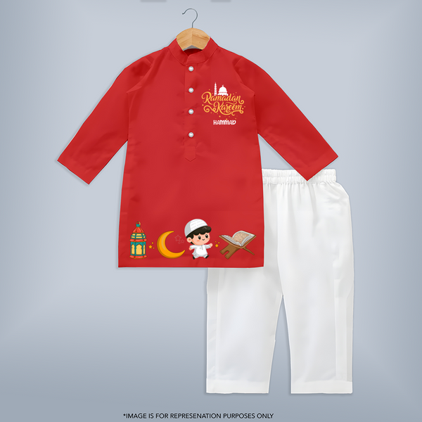 Ramadan Kareem Prayer Theme Personalised Kids Kurta - RED - 3 - 6 Months Old (Chest 24", Kurta Length 14'', Waist 19", Pant Length 14")