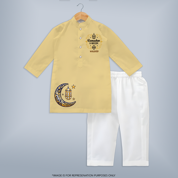 Luxury Ramadan Crescent Personalised Kids Kurta - PASTEL YELLOW - 3 - 6 Months Old (Chest 24", Kurta Length 14'', Waist 19", Pant Length 14")