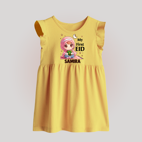 My First EID Girl version Custom Baby Frock - PASTEL YELLOW - 0 - 3 Months Old (Chest 17")