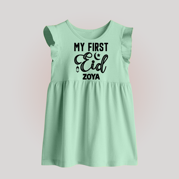Custom Name My First Eid Kids Baby Frock - MINT GREEN - 0 - 3 Months Old (Chest 17")
