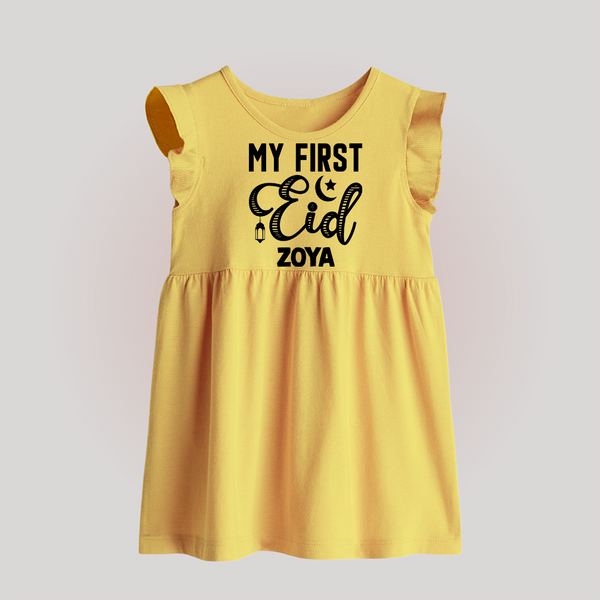 Custom Name My First Eid Kids Baby Frock - PASTEL YELLOW - 0 - 3 Months Old (Chest 17")