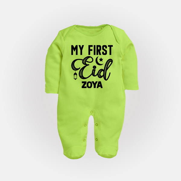 Custom Name My First Eid Kids Fullbody Suit - LIME GREEN - New Born (Chest 7.5")