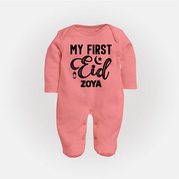 Custom Name My First Eid Kids Fullbody Suit - PEACH - New Born (Chest 7.5")