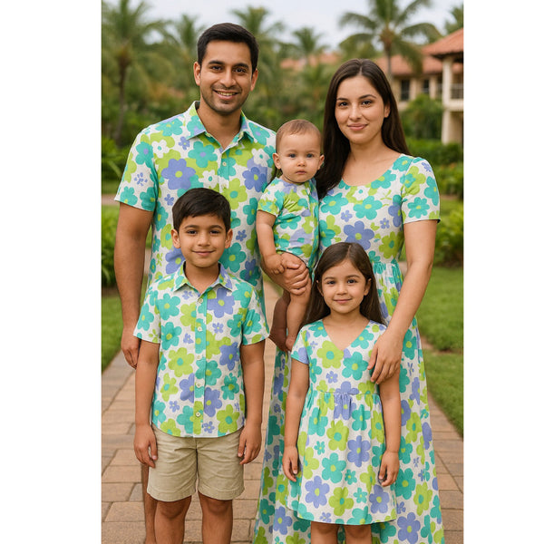 "Retro Daisy Family Outfit Set – coordinated retro floral outfits for dad, mom, boy, girl, and baby"