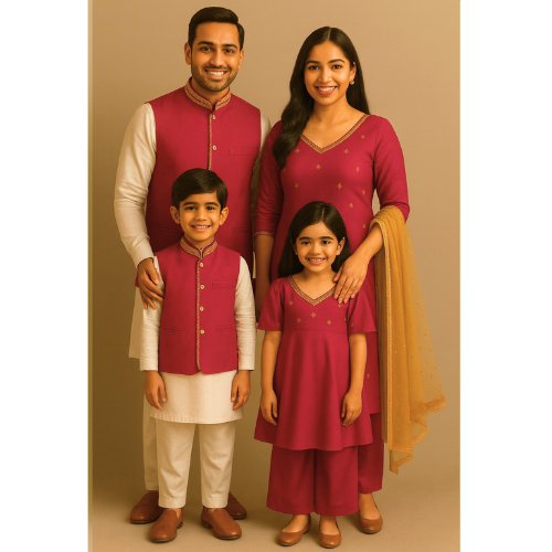 Family wearing coordinated rose pink and cream raw silk ethnic outfits — father, mother, son, and daughter in matching festive Indian attire.