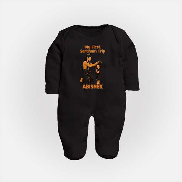 My First Saranam Trip Custom Printed Full Body Suit - BLACK - New Born (Chest 7.5")