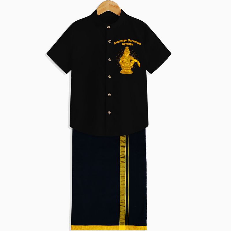 Swamiye Saranam Ayyappa - Ayyappa Themed Imprinted Shirt And Dhoti For Adults - BLACK - S (Chest 20")