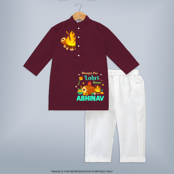 Bhangra pao Lohri manao| Customized Kurta with Name - MAROON - 3 - 6 Months Old (Chest 24", Kurta Length 14'', Waist 19", Pant Length 14")