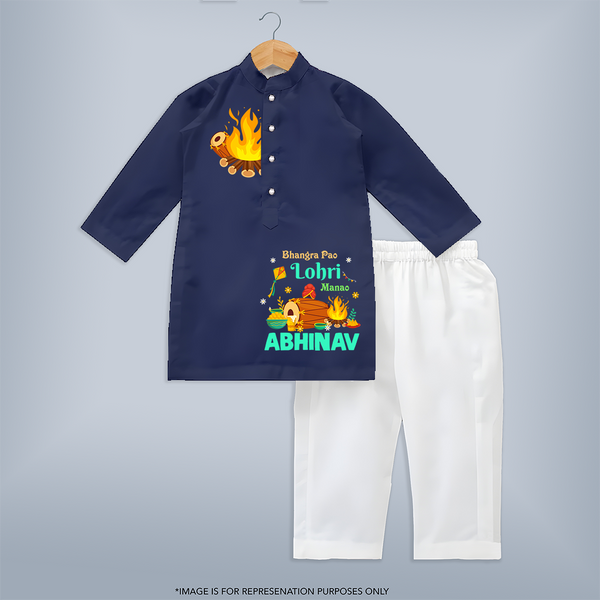 Bhangra pao Lohri manao| Customized Kurta with Name - NAVY BLUE - 3 - 6 Months Old (Chest 24", Kurta Length 14'', Waist 19", Pant Length 14")