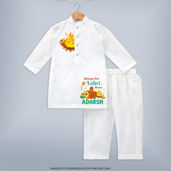 Bhangra Pao, Lohri Manao - Customised Kurta For Kids - WHITE - 3 - 6 Months Old (Chest 24", Kurta Length 14'', Waist 19", Pant Length 14")