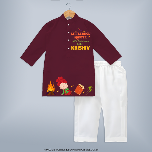 Little Dhol Master - Adorable Customsied Kurta for Kids - MAROON - 3 - 6 Months Old (Chest 24", Kurta Length 14'', Waist 19", Pant Length 14")