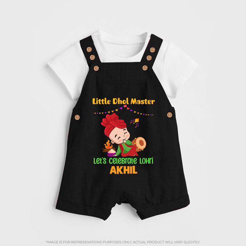 Little  Dhol Master - Lohri Themed Customized Dungaree Set for Kids With Name - BLACK - 0 - 5 Months Old (Chest 18")