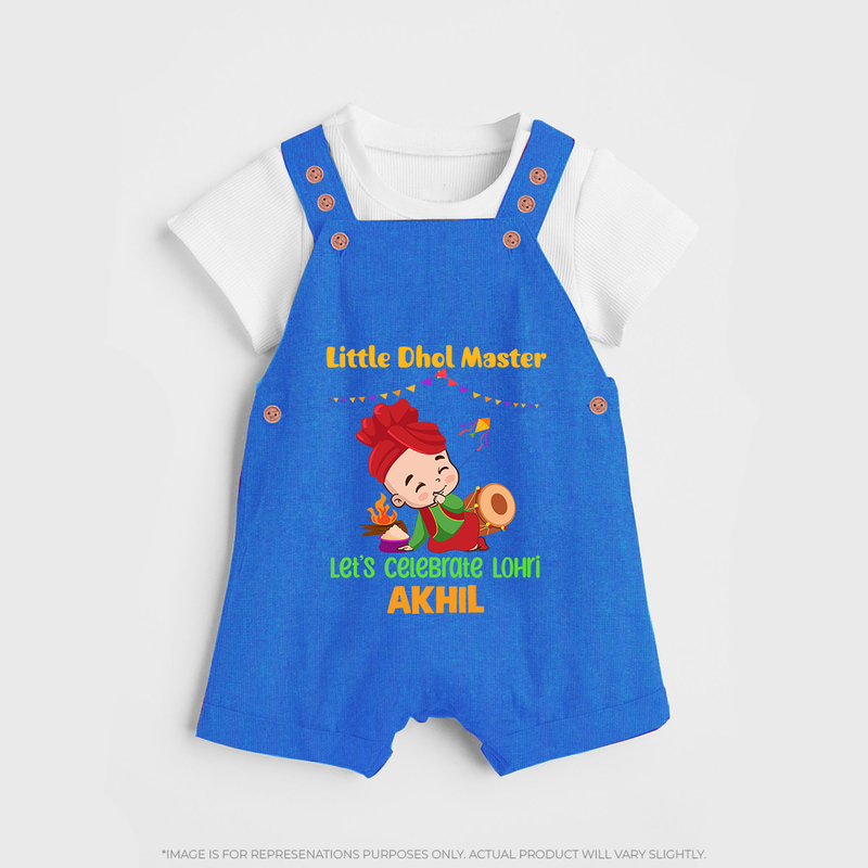 Little  Dhol Master - Lohri Themed Customized Dungaree Set for Kids With Name - COBALT BLUE - 0 - 5 Months Old (Chest 18")