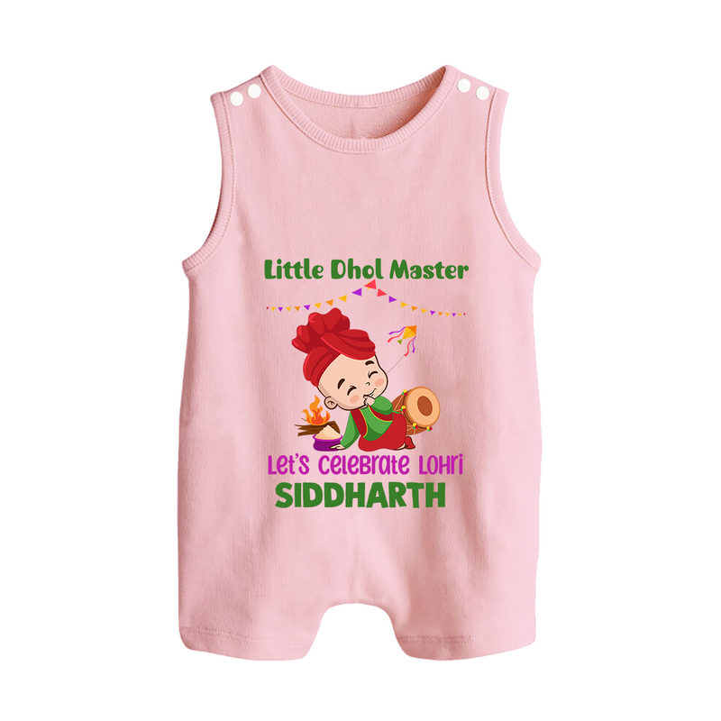 Little  Dhol Master - Lohri Themed Customized Romper Suit for Babies With Name - BABY PINK - 0 - 5 Months Old (Chest 18")