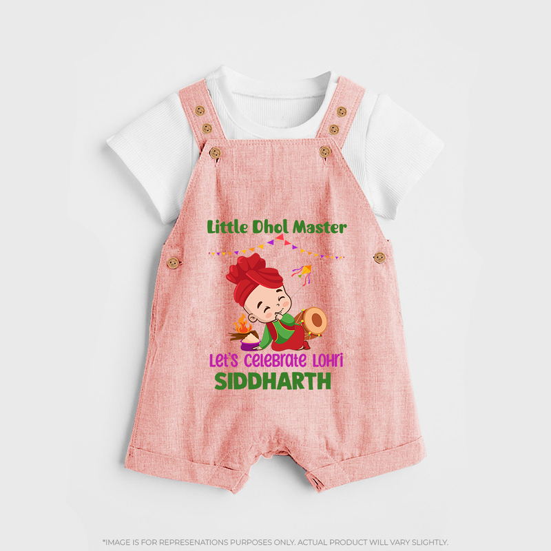 Little  Dhol Master - Lohri Themed Customized Dungaree Set for Kids With Name - PEACH - 0 - 5 Months Old (Chest 18")