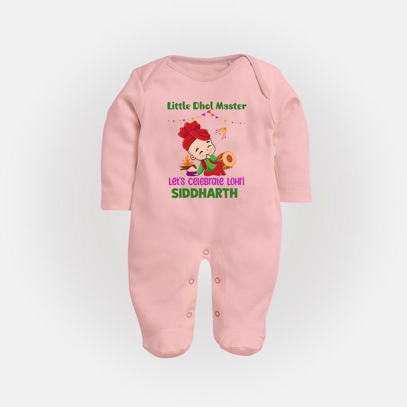 Little  Dhol Master - Lohri Themed Customized Sleep Suit for Babies With Name - BABY PINK - New Born (Chest 7.5")