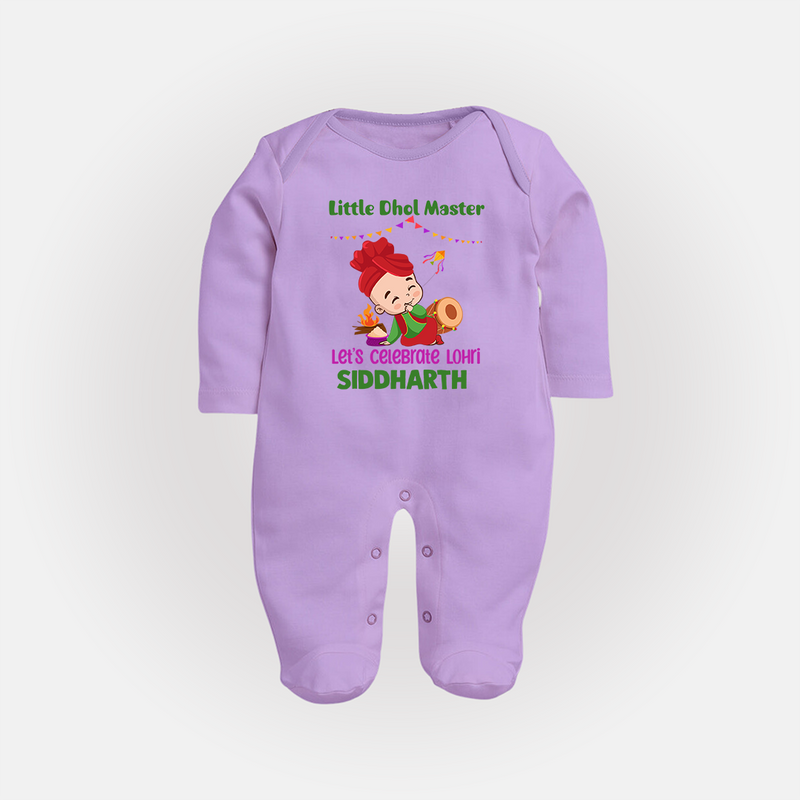 Little  Dhol Master - Lohri Themed Customized Sleep Suit for Babies With Name - LILAC - New Born (Chest 7.5")