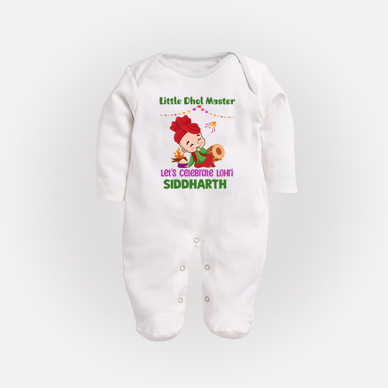 Little  Dhol Master - Lohri Themed Customized Sleep Suit for Babies With Name - WHITE - New Born (Chest 7.5")