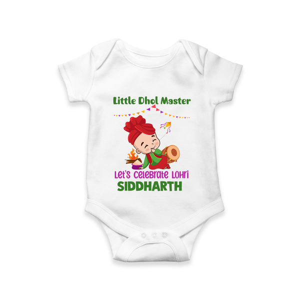 Little  Dhol Master - Lohri Themed Customized Romper for Babies With Name - WHITE - 0 - 3 Months Old (Chest 16")