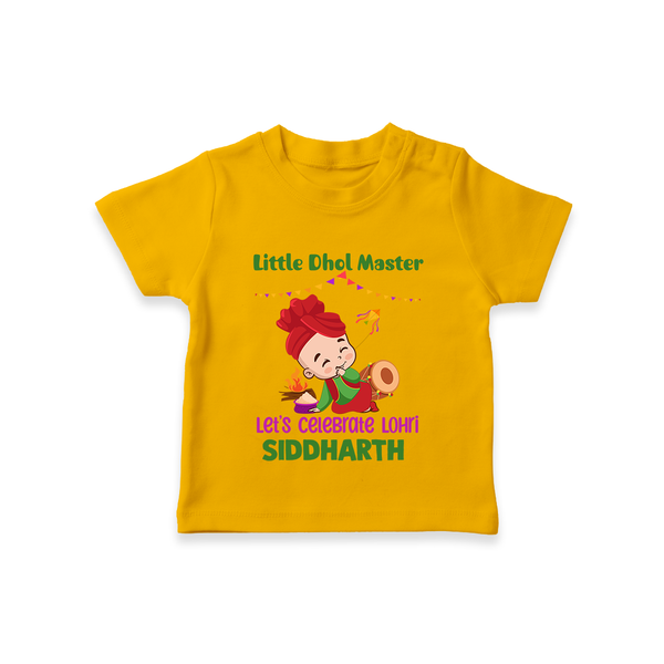 Little  Dhol Master - Lohri Themed Customized T-Shirt for Kids With Name - CHROME YELLOW - 0-5 Months Old (Chest 17")