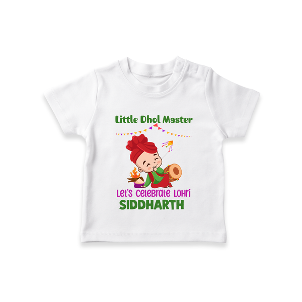 Little  Dhol Master - Lohri Themed Customized T-Shirt for Kids With Name - WHITE - 0-5 Months Old (Chest 17")