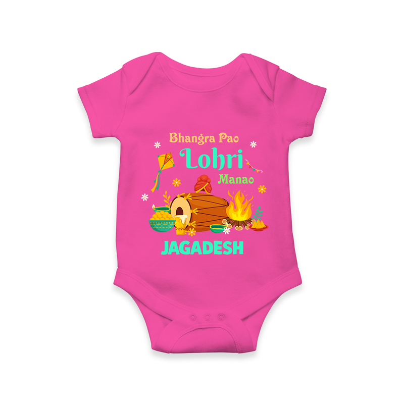 Bhangra Pao Lohri Manao - Lohri Themed Customized Romper for Babies With Name - HOT PINK - 0 - 3 Months Old (Chest 16")