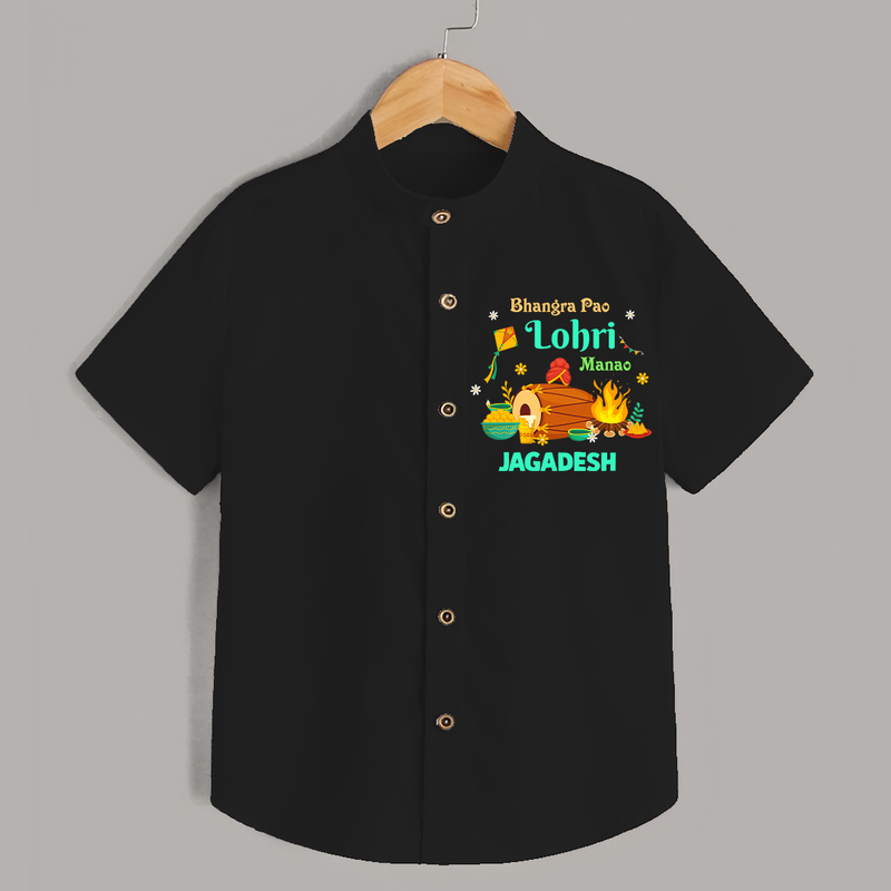 Bhangra Pao Lohri Manao - Lohri Themed Customized Shirt for Kids With Name - BLACK - 0 - 6 Months Old (Chest 23")