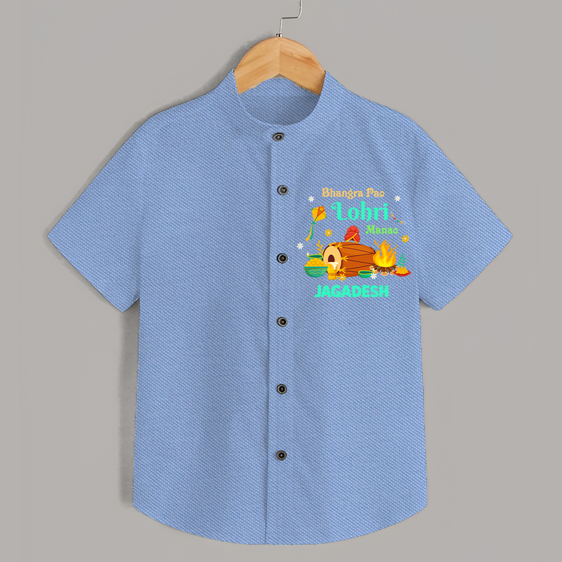 Bhangra Pao Lohri Manao - Lohri Themed Customized Shirt for Kids With Name - SKY BLUE - 0 - 6 Months Old (Chest 23")