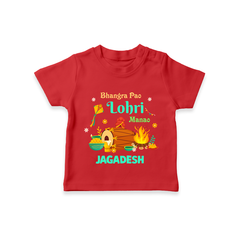 Bhangra Pao Lohri Manao - Lohri Themed Customized T-Shirt for Kids With Name - RED - 0-5 Months Old (Chest 17")