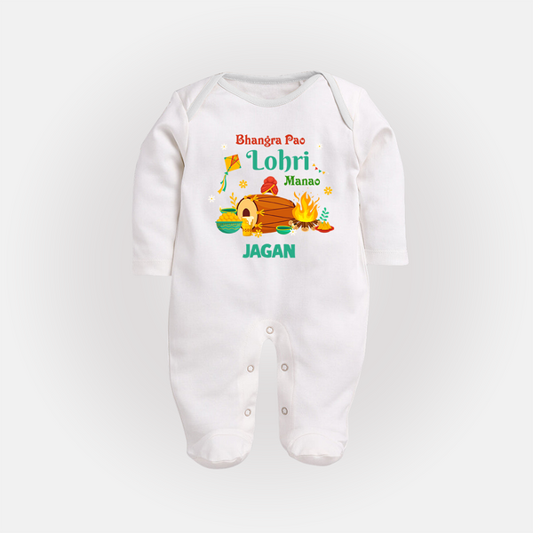 Bhangra Pao Lohri Manao - Lohri Themed Customized Sleep Suit for Babies With Name - WHITE - New Born (Chest 7.5")