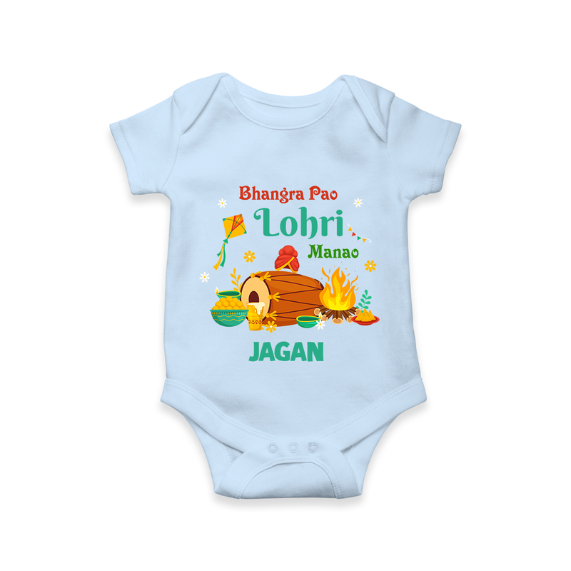 Bhangra Pao Lohri Manao - Lohri Themed Customized Romper for Babies With Name - BABY BLUE - 0 - 3 Months Old (Chest 16")