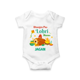 Bhangra Pao Lohri Manao - Lohri Themed Customized Romper for Babies With Name - WHITE - 0 - 3 Months Old (Chest 16")