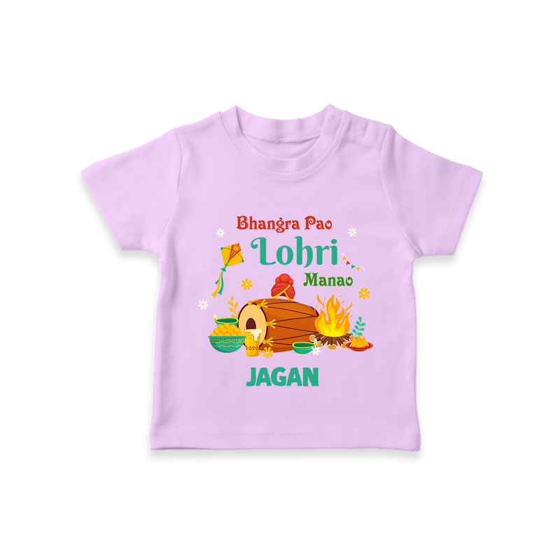 Bhangra Pao Lohri Manao - Lohri Themed Customized T-Shirt for Kids With Name - LILAC - 0-5 Months Old (Chest 17")