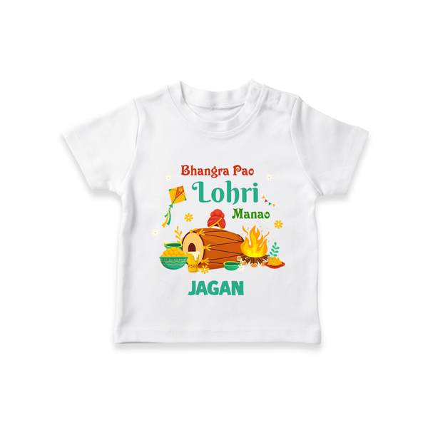 Bhangra Pao Lohri Manao - Lohri Themed Customized T-Shirt for Kids With Name - WHITE - 0-5 Months Old (Chest 17")