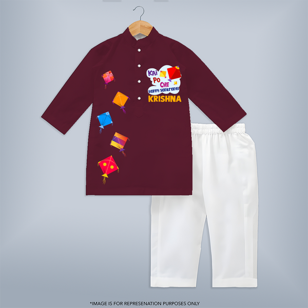 Kai Po Che - Happy Sankranti - Adorable Customised Kurta Set For Kids - MAROON - 3 - 6 Months Old (Chest 24", Kurta Length 14'', Waist 19", Pant Length 14")