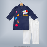 Kai Po Che - Happy Sankranti - Adorable Customised Kurta Set For Kids - NAVY BLUE - 3 - 6 Months Old (Chest 24", Kurta Length 14'', Waist 19", Pant Length 14")