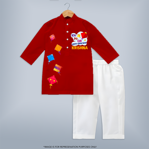 Kai Po Che Ha Happy Sankranti | Custom Kurta with Name - RED - 3 - 6 Months Old (Chest 24", Kurta Length 14'', Waist 19", Pant Length 14")
