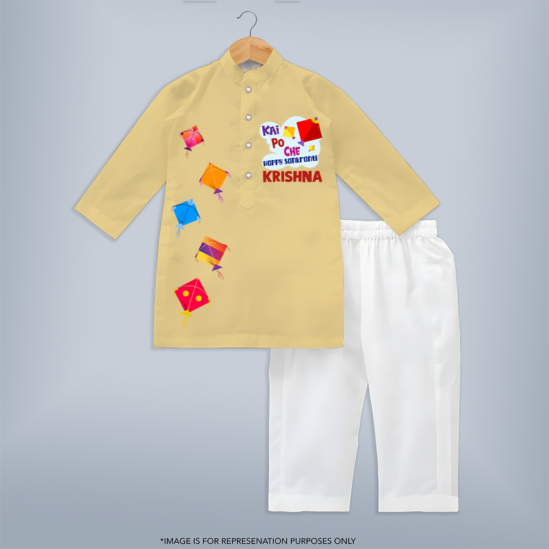 Kai Po Che - Happy Sankranti - Adorable Customised Kurta Set For Kids - YELLOW - 3 - 6 Months Old (Chest 24", Kurta Length 14'', Waist 19", Pant Length 14")