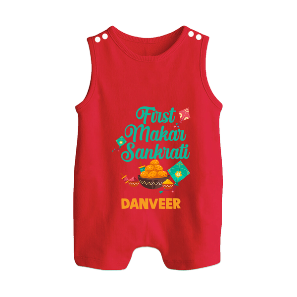 First Makar Sankrati | Customized Romper Suit with Name - RED - 0 - 5 Months Old (Chest 18")
