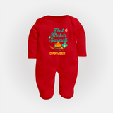 First Makar Sankrati | Customized FullBody Suit with Name - RED - New Born (Chest 7.5")
