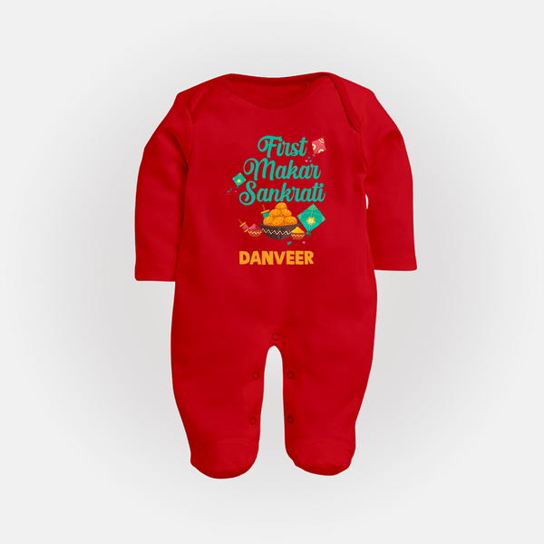 First Makar Sankrati | Customized FullBody Suit with Name - RED - New Born (Chest 7.5")