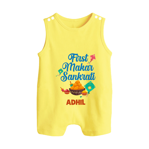 First Makar Sankrati | Customized Romper Suit with Name - PASTEL YELLOW - 0 - 5 Months Old (Chest 18")