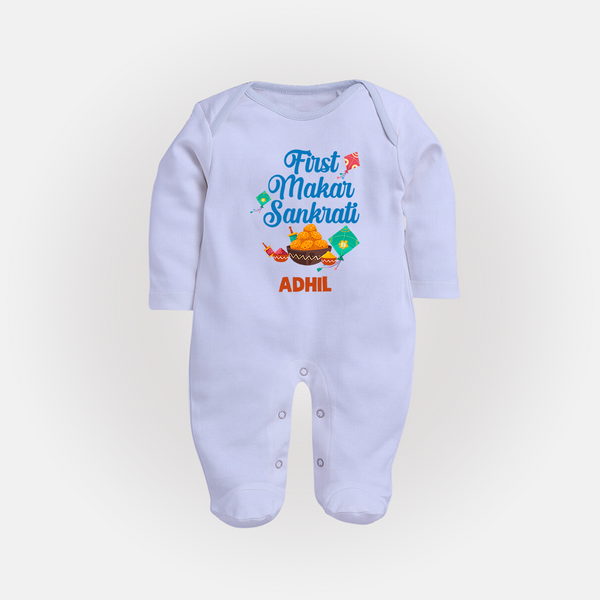 First Makar Sankrati | Customized FullBody Suit with Name - BABY BLUE - New Born (Chest 7.5")