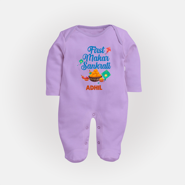 First Makar Sankrati | Customized FullBody Suit with Name - LILAC - New Born (Chest 7.5")
