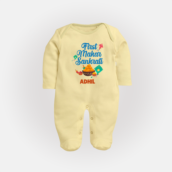 First Makar Sankrati | Customized FullBody Suit with Name - PASTEL YELLOW - New Born (Chest 7.5")