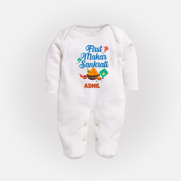 First Makar Sankrati | Customized FullBody Suit with Name - WHITE - New Born (Chest 7.5")