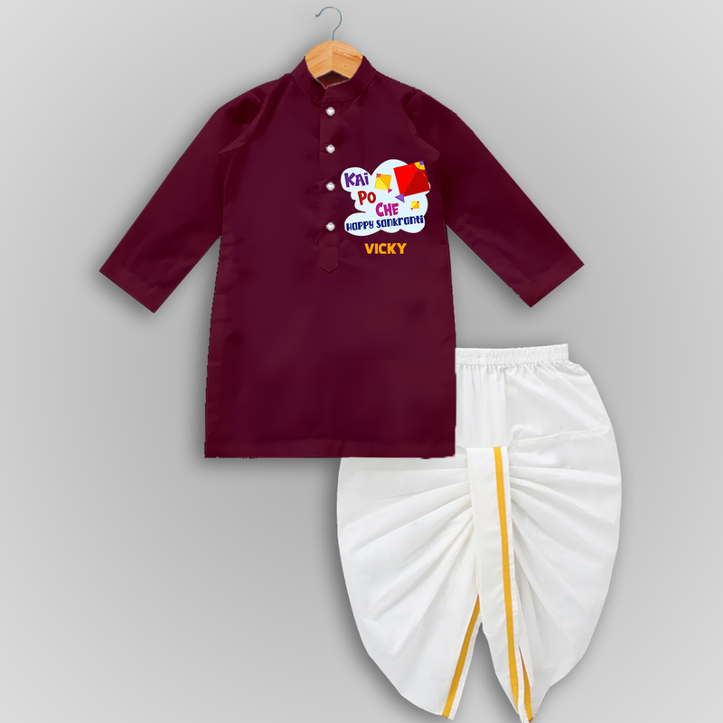 Kai po che 'Happy Sankranti' - Customized Drapped Dhoti For kids With Name - MAROON - 0 - 6 Month Old (Chest 24", Kurta Length 14" , Waist 19", Dhoti Length 14")